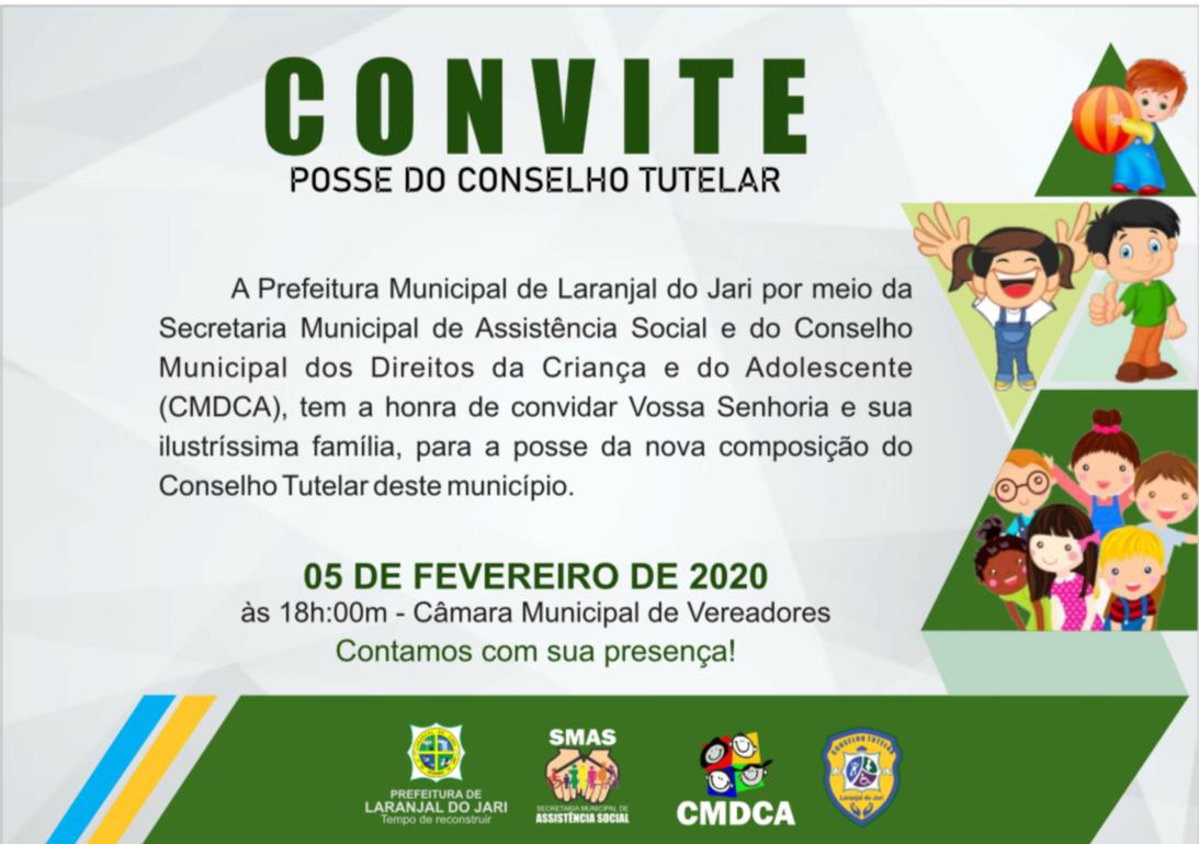 Convite: cerimônia de posse dos Conselheiros Tutelares (titulares e suplentes).